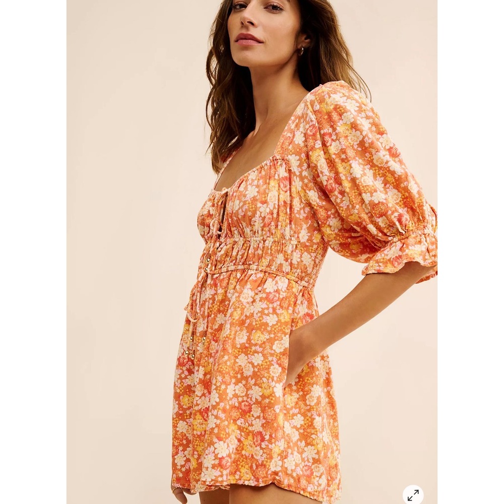 Free People Show Me Love Romper Orange Floral Puff Sleeve Smocked Back Boho XS